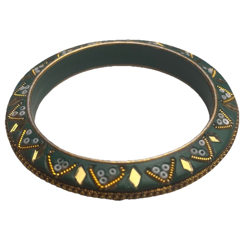 Mirror Bead Inlay Bangle Green Enamel Domed Metal Bracelet Mark India Vintage 8"